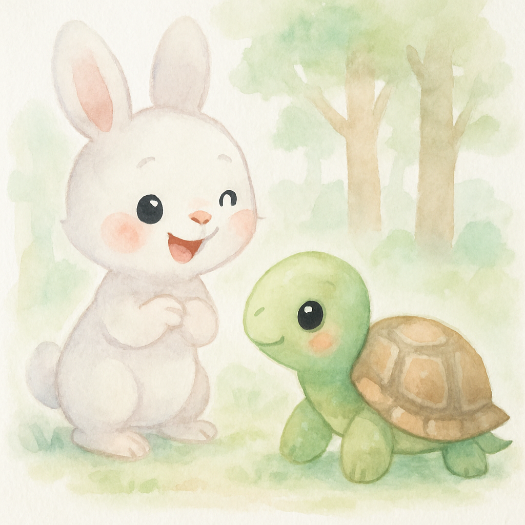 토끼가 거북이를 보고 웃으며 느리다고 놀리는 장면